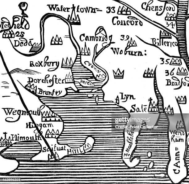 Early map of Massachusetts Bay, USA. Massachusetts was first settled by the Pilgrim Fathers, the Puritans who escaped religious persecution in...