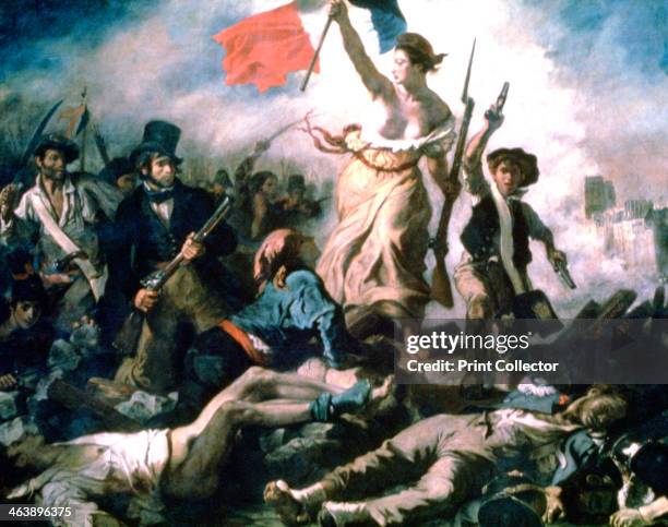 'Liberty Leading the People', 1830. Painted to commemorate the July Revolution of 1830. A woman personifying Liberty leads the people forward over...