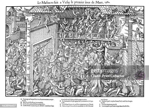 Massacre at Vassy, French Religious Wars, 1 March 1562 . Francois de Lorraine, 2nd Duc de Guise , directs massacre of Huguenots during a service,...