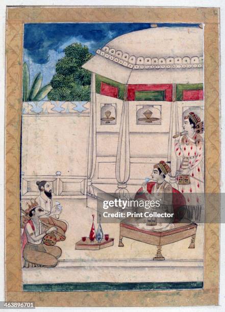 Sri Raga, Ragamala Album, School of Rajasthan, 19th century. A prince sitting on the terrace of a house where Narada and Kinnara are playing music....