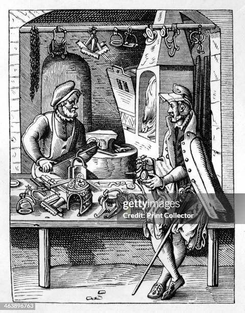 The spur maker, c1559-1591. A craftsman talks to a customer while continuing to file a spur which is held in a vice. Behind him in his workshop a...