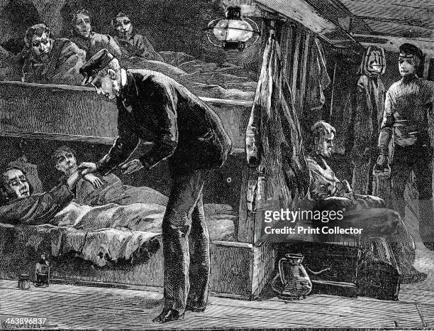 Taking the pulse of a sick Irish emigrant on board ship bound for North America during the potato famine of the 1840s, c1890. Wood engraving.