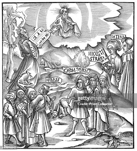 Moses receiving from God the tablets of the Law in Hebrew, 1512. Scene from the Bible . The central group represents Greek. On the right the figure...