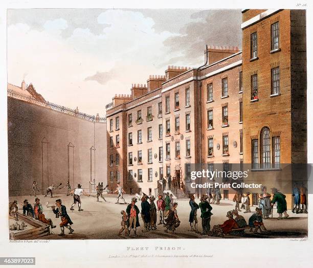 Inner court, Fleet Prison, London, 1808-1811. Prisoners playing fives and skittles, and socialising. Fleet Prison was a prison for debt and contempt...