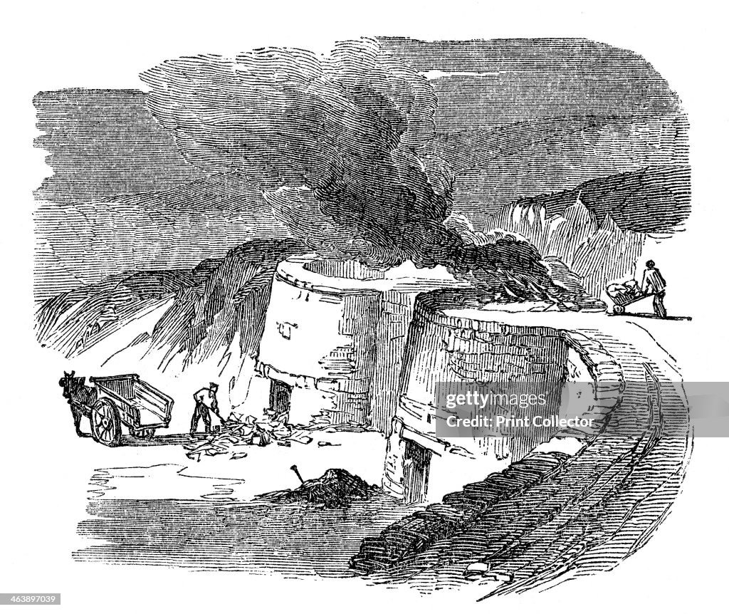 Burning Lime Lime kilns, 1872. Burning limestone to produce lime for cement and ...