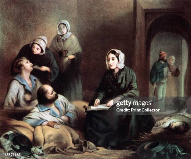Florence Nightingale, British nurse and hospital reformer, at Scutari Hospital, Turkey, writing letters for wounded soldiers of the Crimean War,...