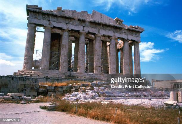 Parthenon on the Acropolis, Athens, 5th century BC. The great temple of Athena, the patron goddess of Athens, begun in c445 BC. It was built at the...
