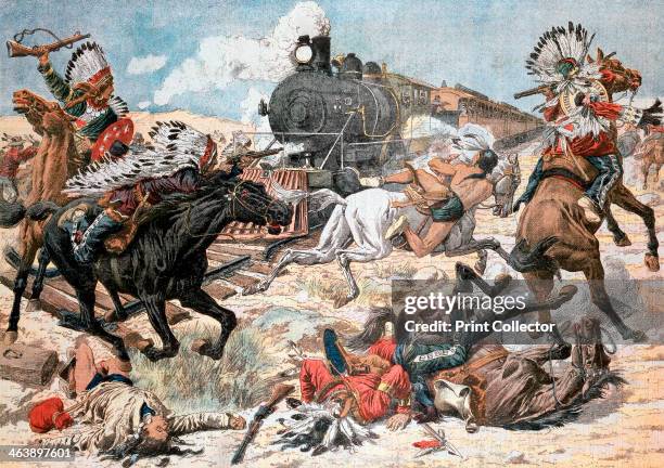 North American Indians who have left their Reservation, attacking a train on the South Pacific Railroad, Arizona. From Le Petit Journal, Paris, 25...