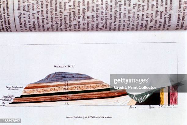 Cross-section of Headen Hill, near Alum Bay, Isle of Wight, England, showing geological strata, 1823. From Nature Displayed by Simeon Shaw. .