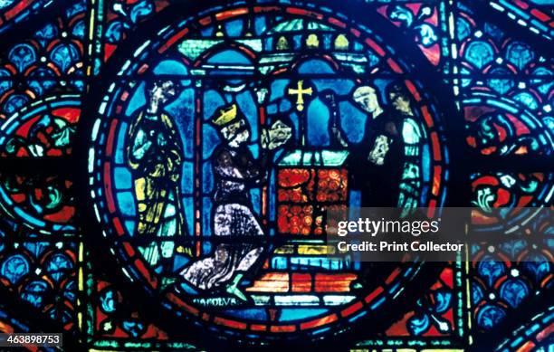 Charlemagne gives relics to the Chapel at Aix, stained glass, Chartres Cathedral, France, c1225. Detail from the Charlemagne Window.