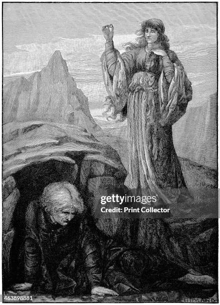 Morgan le Fay casts spell on Merlin. Engraving after Henry Ryland , English painter and illustrator.