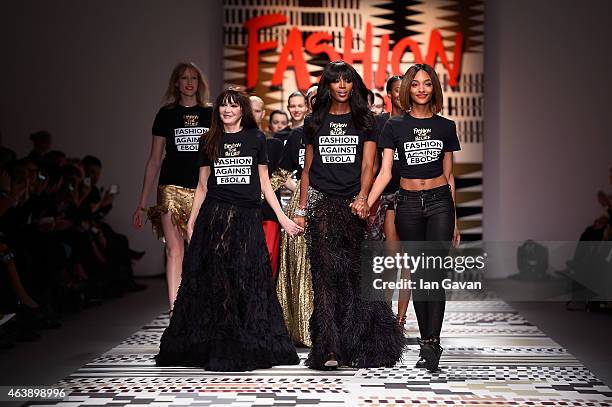 Annabelle Neilson, Naomi Campbell and Jourdan Dunn walk the runway at the Fashion For Relief charity fashion show to kick off London Fashion Week...