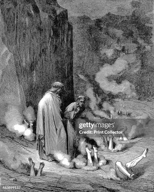 Dante and Virgil in the inferno, 1863. Dante, guided by Virgil, in the third gulf of the eighth circle, observes those guilty of simony suffering...