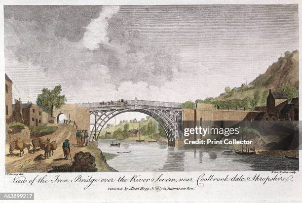 Abraham Darby III's iron bridge across the Severn at Ironbridge, Coalbrookdale, England. First iron bridge in world, built between 1776 and 1779. In...