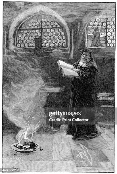 Dr Faustus conjuring up Mephistopheles. Faust formed subject of dramas by Christopher Marlowe and Goethe. Goethe version basis for Gounod's opera....