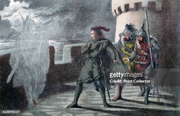 Horatio, Marcellus and Hamlet encounter the ghost of the late King Hamlet in Act 1, Scene 4 of William Shakespeare’s play, 'Hamlet'. Chromolithograph...