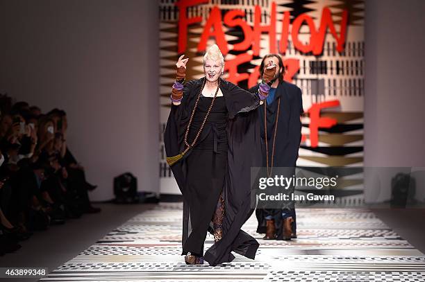 Dame Vivienne Westwood walks the runway at the Fashion For Relief charity fashion show to kick off London Fashion Week Fall/Winter 2015/16 at...
