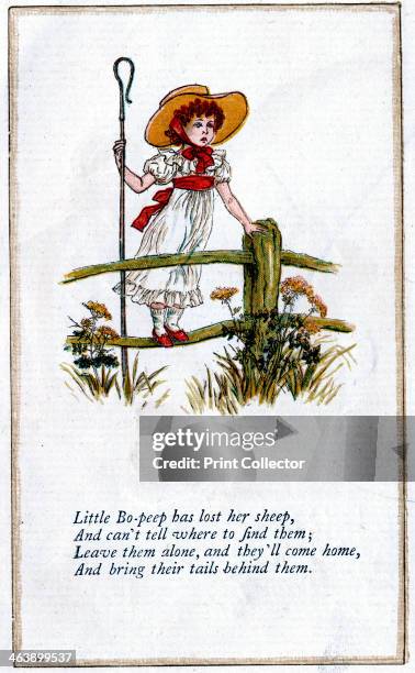 Illustration of 'Little Bo-Peep has lost her sheep/and doesn't know where to find them', Kate Greenaway . For a book of nursery rhymes.