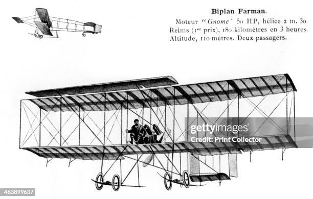 Farman Biplane, 20th century. Designed by French aviation pioneer Henri Farman and powered by a 50hp Gnome engine, this biplane won the distance...