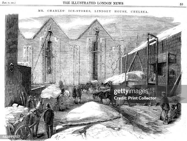 Storing ice in insulated sheds at Charles's Ice Store, Chelsea, London, 1861. In cold weather the London poor collected ice for which they were paid...