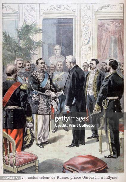 Prince Ourousoff, ambassador of Russia meeting Félix Faure, 1898. An illustration from Le Petit Journal, 6th March 1898.