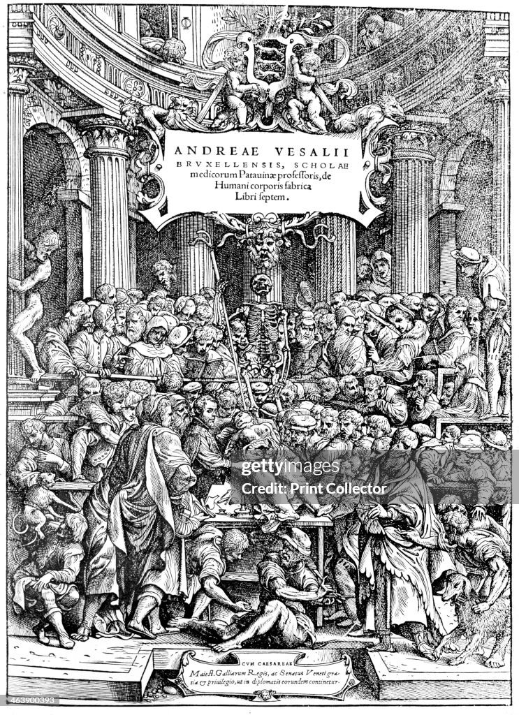 Title page of Andreas Vesalius 'De Humani Corporis Fabrica', showing Vesalius dissecting body, 1543. Artist: Andreas Vesalius
