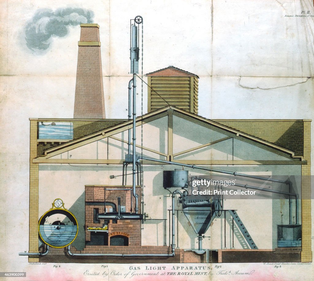 Gaslight Invention Gas lighting apparatus at Royal Mint, London. l: Retort. 2: Purifier ...