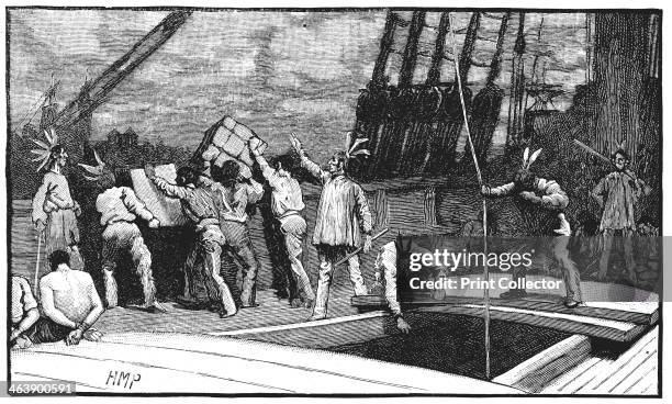 Boston Tea Party, 26 December 1773. Inhabitants of Boston, Massachusetts, dressed as American Indians, throwing tea from vessels in the harbour into...