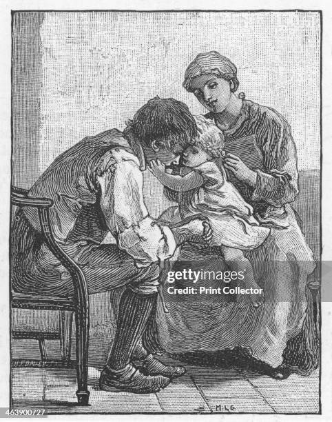 Scene from Silas Marner by George Eliot, 1882. Eppie, the orphan adopted by the linen weaver Silas Marner, showing Marner how much she likes him....
