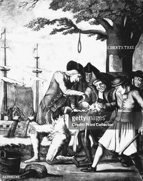 Bostonians tarring and feathering the Excise man and forcing tea down his throat. Boston Tea Party, 16 December 1773. In background tea is being...