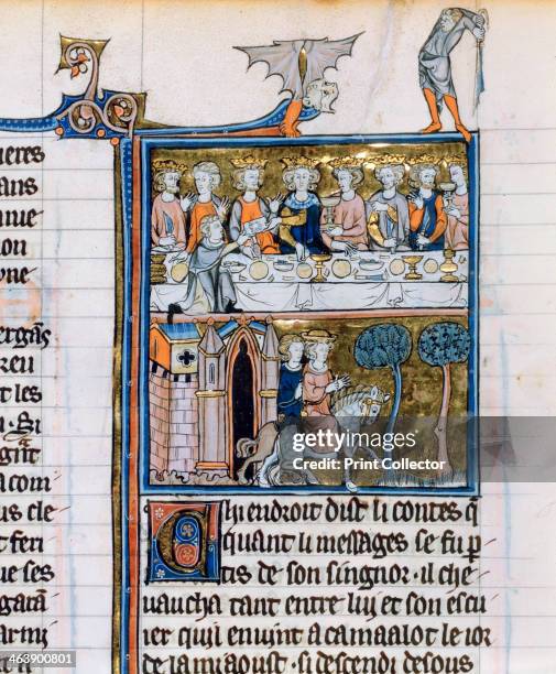 Banquet and riders, c1280-1290. The king in the top part of the image is possibly King Arthur. Below is a messenger of King Rion leaving Camelot....