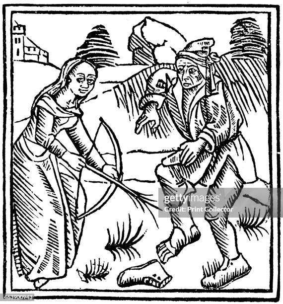 Witch shooting a man in the foot with an enchanted arrow made from a hazel wand, 1489. From De Laniis et phitonicis mulieribus by Ulrich Molitor....