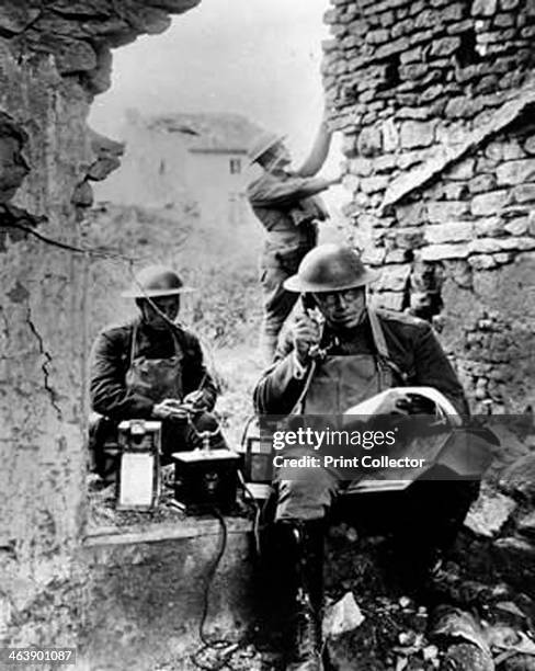 United States Army Signal Corps using captured German telephone equipment, World War I. Photograph. Signal Corps Museum, Fort Monmouth, New Jersey.