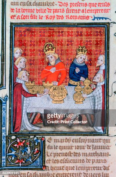 Charles IV receiving presents, . The people of Paris present gifts to the Holy Roman Emperor and his son, the future Wenceslas IV. Illustration from...