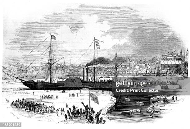 Cunard Line's first transatlantic liner 'Britannia' leaving Boston, Massachusetts, USA, 1847. The 'Britannia' made her first transatlantic voyage in...