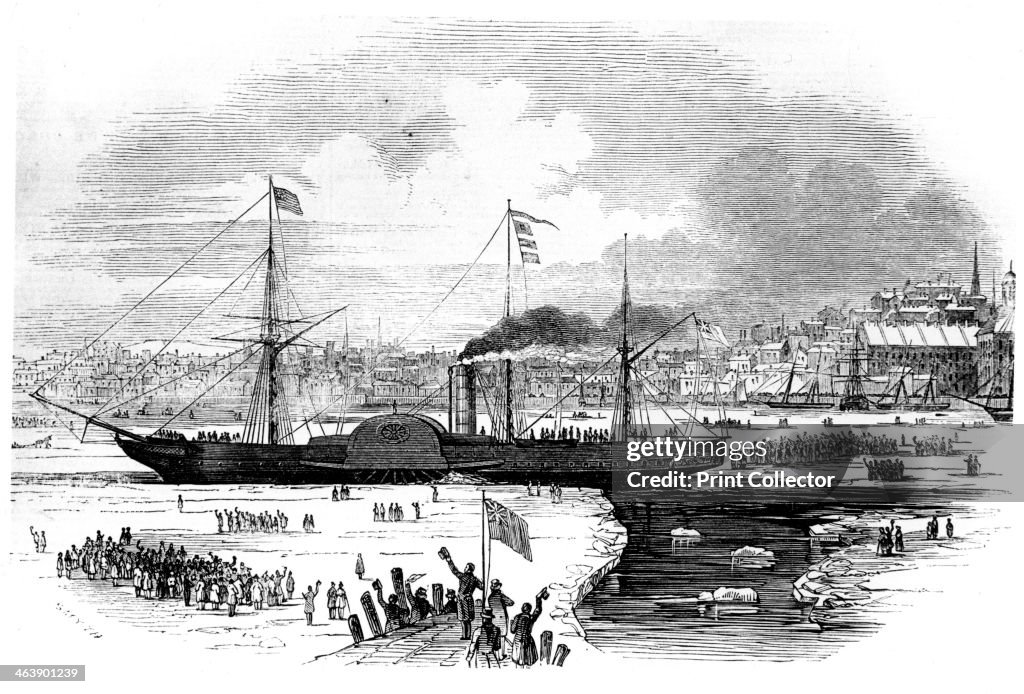 Cunard Line's first transatlantic liner 'Britannia' leaving Boston, Massachusetts, USA, 1847. Artist: Smyth
