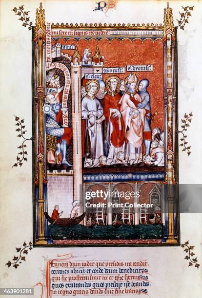 St Denis is shown the martyrs, 1317. Sisinnius shows to St Denis, St Rusticus and St Eleutherius the Christians he has had put to death. Manuscript...