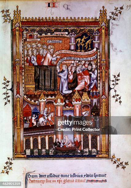 The conversion of Lisbius, 1317. St Denis preaches and Lisbius is converted to Christianity. Manuscript illustration from a work on the life of St...