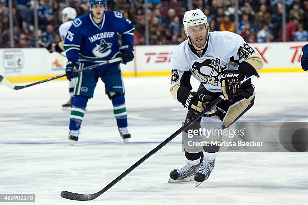 Joe Vitale of the Pittsburgh Penguins skates against the Vancouver Canucks on January 7, 2014 at Rogers Arena in Vancouver, British Columbia, Canada.