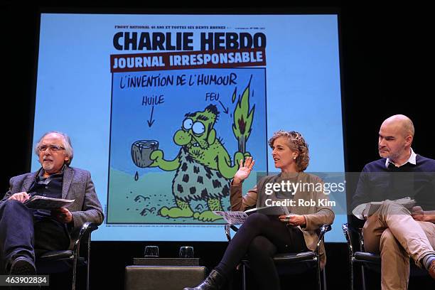 Art Spiegelman, Francoise Mouly and Emmanuel Letouze attend FIAF Presents: After Charlie: What's Next For Art, Satire And Censorship? at Florence...