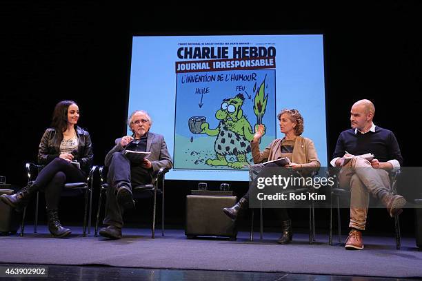Molly Crabapple, Art Spiegelman, Francoise Mouly and Emmanuel Letouze attend FIAF Presents: After Charlie: What's Next For Art, Satire And...