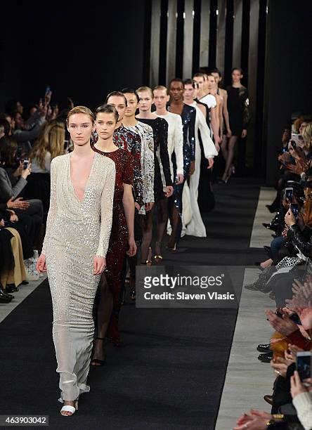 Models walk the runway at J. Mendel fashion show during Mercedes-Benz Fashion Week Fall 2015 on February 19, 2015 in New York City.