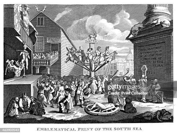 South Sea Bubble, 1721. People queue to enter the Devil's shop, while he cuts up Fortune. Clerics of various denominations gamble in the left...