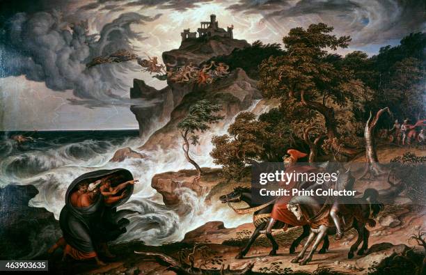 'Macbeth and the Witches', 1835. The witches flying through the sky riding goats and broomsticks are holding up the crown which Macbeth covets. Scene...