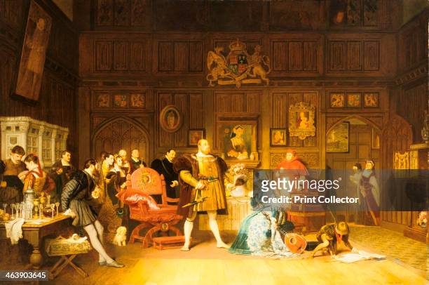 'Henry VIII and Anne Boleyn Observed by Queen Catherine', 1870. Painting by Marcus Stone , British history painter. Anne has been playing the lute...
