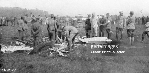Wreckage of the aeroplane in which French pilot Adolphe Pegoud was killed in action, 1915. Pegoud was a test pilot for Bleriot before World War I and...