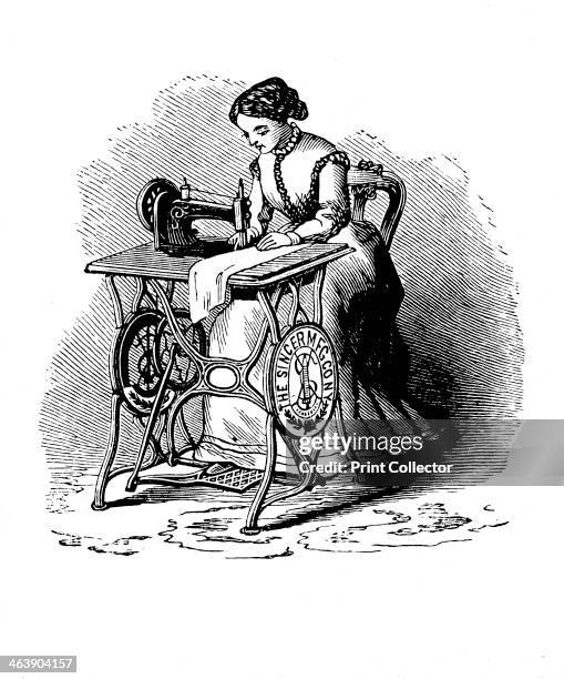 Sewing machine by Isaac Merritt Singer, 1880. A woman operating a treadle version of the sewing machine invented by Isaac Merritt Singer in 1851....