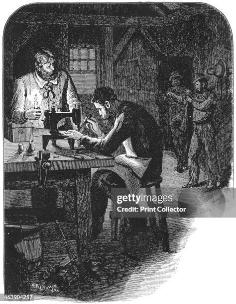 Invention of the Singer sewing machine, 1850 . American inventor Isaac Merrit Singer adjusting the tension on his sewing machine in a last desperate...