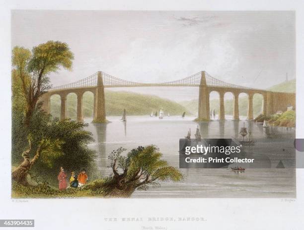 'The Menai Bridge, Bangor ', c1826-c1850. Thomas Telford's suspension bridge over the Menai Straits was built in 1820-1826. It was built to carry the...