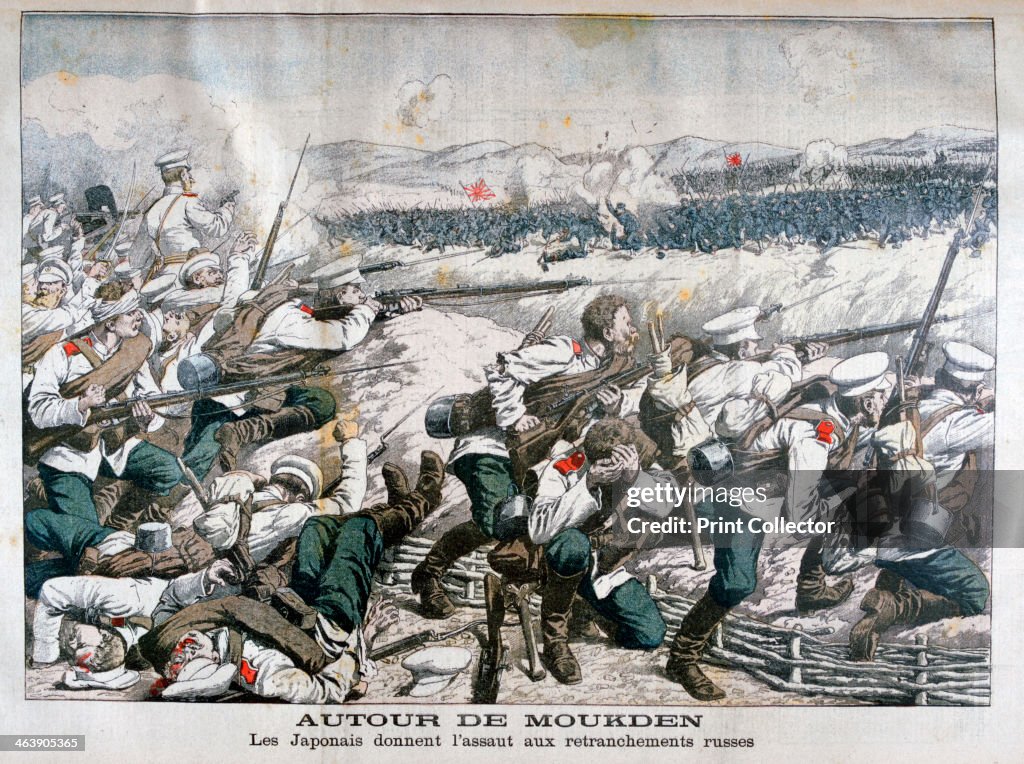 Japanese troops attacking Russian trenches, Mukden, Manchuria, October 1904.